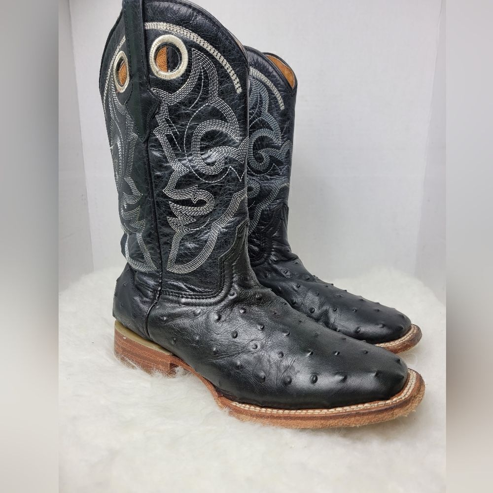 Texas Country Western Exotic Ostrich  Black Square Toe Mens Boots Shoes Size 5